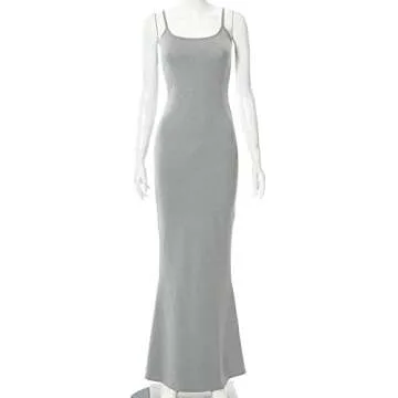 AnotherChill Women's Casual Lounge Slip Long Dress Sexy Sleeveless Backless Bodycon Maxi Dresses 2023 Summer Slim Elegant (Grey, Small)