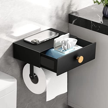 VOLDRA Toilet Paper Holder with Shelf Black Wipes Dispenser for Bathroom Stainless Steel with Storag...