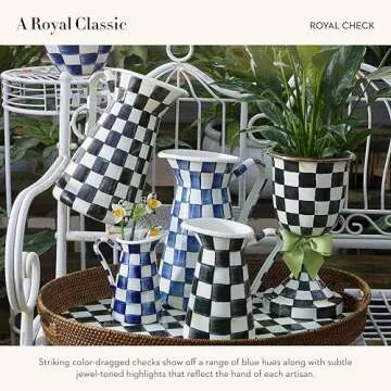 MACKENZIE-CHILDS Practical Enamel Pitcher with Spout, Drink Pitcher for Iced Tea or Water, Flower Vase, Large, Blue-and-White Royal Check