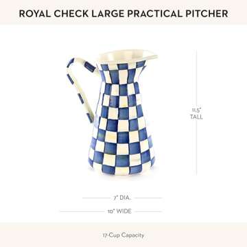 MACKENZIE-CHILDS Practical Enamel Pitcher with Spout, Drink Pitcher for Iced Tea or Water, Flower Vase, Large, Blue-and-White Royal Check