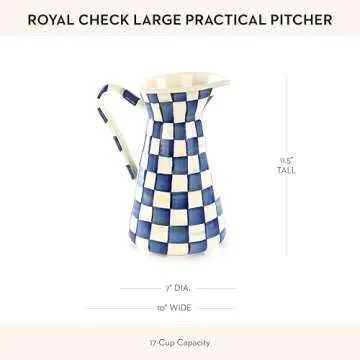 MACKENZIE-CHILDS Practical Enamel Pitcher with Spout, Drink Pitcher for Iced Tea or Water, Flower Vase, Large, Blue-and-White Royal Check