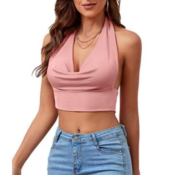 LYANER Women's Halter Cowl Neck Crop Top Tie Back Sleeveless Sexy Club Cami Light Pink Medium