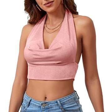 LYANER Women's Halter Cowl Neck Crop Top Tie Back Sleeveless Sexy Club Cami Light Pink Medium