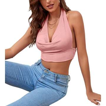 LYANER Women's Halter Cowl Neck Crop Top Tie Back Sleeveless Sexy Club Cami Light Pink Medium