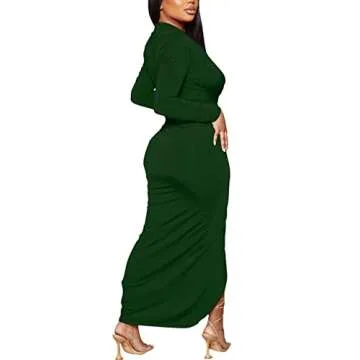 Acelyn Long Sleeve Maxi Dress Deep V Neck Bodycon