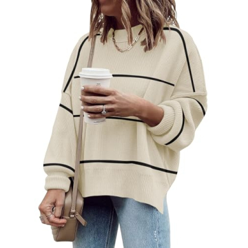 Women's Oversized Crewneck Sweaters Batwing Long Sleeve Side Slit Ribbed Knit Pullover Sweater Tops