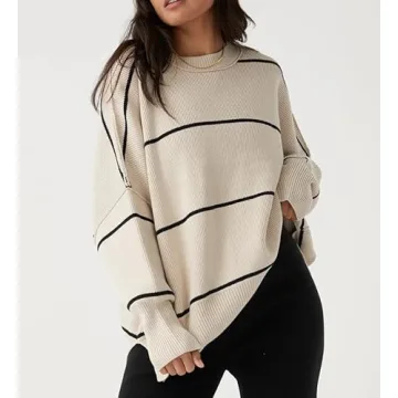 Women's Oversized Crewneck Sweaters Batwing Long Sleeve Side Slit Ribbed Knit Pullover Sweater Tops