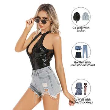 Queenfox Leather Lingerie for Women,One Piece Halter Lingerie Sexy Babydoll,Women's Wet Look Lace Backless Teddy