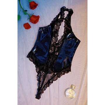 Queenfox Leather Lingerie for Women,One Piece Halter Lingerie Sexy Babydoll,Women's Wet Look Lace Backless Teddy