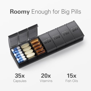 Barhon Pill Organizer Large, Weekly Pill Organizer Pill Box, Medicine Pill Organizer Travel, 7 Day Pill Case for Big Vitamin Supplements Fish Oil, Black