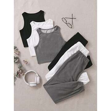 Verdusa Women's 6 Piece Lounge Sets Tracksuit Crop Tank Top and Sweatpants Grey Black White M