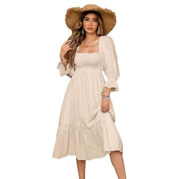 R.Vivimos Women's Summer Cotton Polka Dots Puff Sleeves Bow Casual Off-Shoulder Boho Midi Dress (X-L...