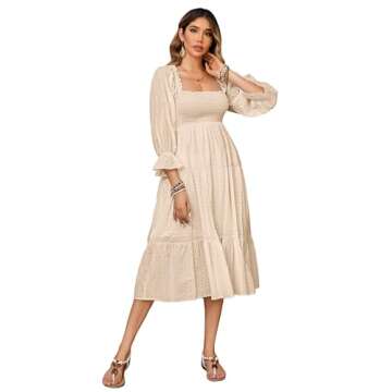 R.Vivimos Women's Summer Cotton Polka Dots Puff Sleeves Bow Casual Off-Shoulder Boho Midi Dress (X-Large,Beige)