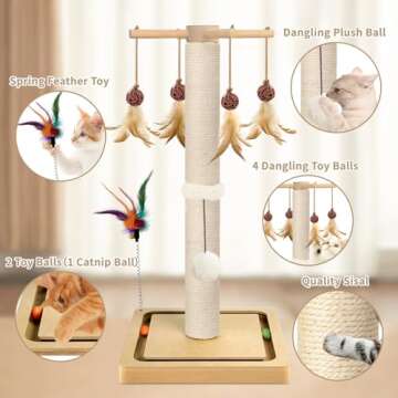 Cat Scratching Post, Sisal, Scratcher Tree Tower for Indoor Cats Adults with Hanging and Ball Track,...