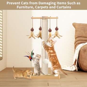 Cat Scratching Post, Sisal, Scratcher Tree Tower for Indoor Cats Adults with Hanging and Ball Track, 2 Mounting Methods Interactive Furniture Toys for Kitten, 25 inches