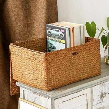 DOKOT Rectangular Handwoven Seagrass Storage Basket with Lid for Shelves and Home Organizer Bin, (M (12"x7"x6"H), Brown)