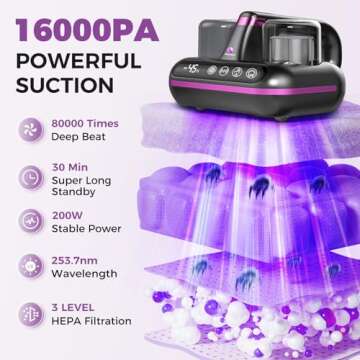 Amzany Bed Vacuum Cleaner - 5-in-1 Cordless Mattress Vacuum Cleaner, Powered by Ultrasonic Technolog...