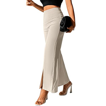 SweatyRocks Women's Elegant High Waisted Split Hem Long Pants Straight Leg Zipper Fly Work Office Trousers Beige Petite M