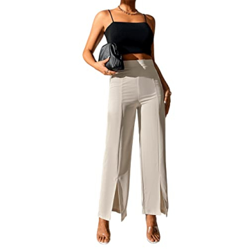 SweatyRocks Women's Elegant High Waisted Split Hem Long Pants Straight Leg Zipper Fly Work Office Trousers Beige Petite M