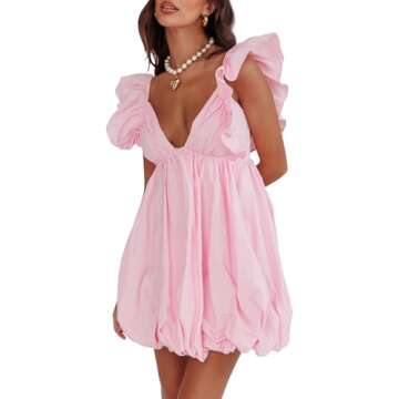hibshaby Summer Mini Dress Deep V-Neck Babydoll Dress Bubble Dress Backless Lace Up Sexy Short Dress Pink L