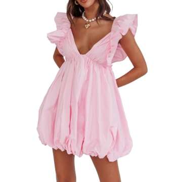 hibshaby Summer Mini Dress Deep V-Neck Babydoll Dress Bubble Dress Backless Lace Up Sexy Short Dress Pink L