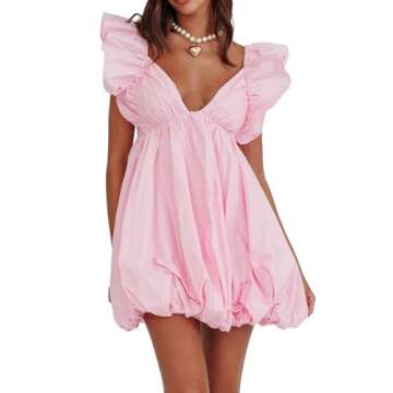 hibshaby Summer Mini Dress Deep V-Neck Babydoll Dress Bubble Dress Backless Lace Up Sexy Short Dress Pink L