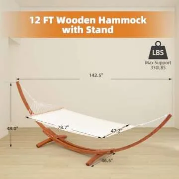 ECOTOUGE 12 FT Wooden Hammock with Stand for Single Person, Weather-Resistant, Certified Sustainable Hammock Bed for Backyard, Balcony, Porch(White)