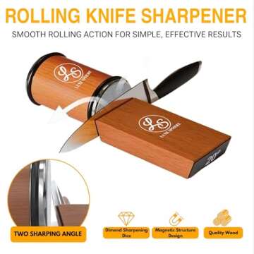 Rolling Knife Sharpener-Knife Sharpening Kit-Premium Diamond & Ceramic Discs, Adjustable 15°/20° Magnetic Angles-Includes Leather Strop and Finger Guard for Easy & Safe Knives Sharpening