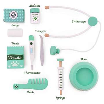 Dr. Pine's Pet Hospital Veterinary Kit | Pretend Play Animal Doctor | 11 Pieces: Gauze, Tweezers, Stethoscope, and Treats! | Take Care of Animals, Play Creatively