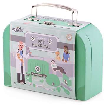 Dr. Pine's Pet Hospital Veterinary Kit | Pretend Play Animal Doctor | 11 Pieces: Gauze, Tweezers, Stethoscope, and Treats! | Take Care of Animals, Play Creatively