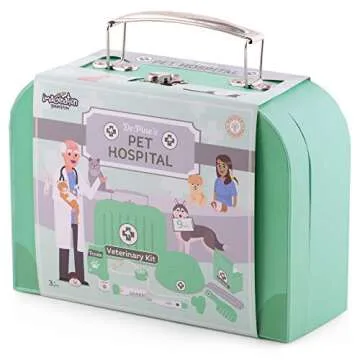 Dr. Pine's Pet Hospital Veterinary Kit | Pretend Play Animal Doctor | 11 Pieces: Gauze, Tweezers, Stethoscope, and Treats! | Take Care of Animals, Play Creatively