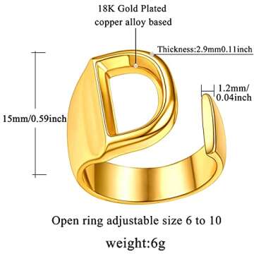 FindChic Personalized Initial Letter D Statement Cuff Rings for Women Alphabet Knuckle Ring Engravable 18K Gold Plated Resizable Fashion Jewelry Gift