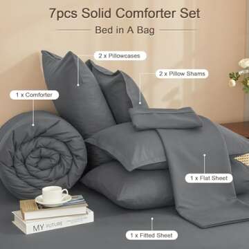 PHF 7 Pieces California King Comforter Set, Lightweight Bed in A Bag & 18" Sheet Set for All Season, Ultra Soft Cozy Bedding with Comforter, Sheets, Pillowcases & Shams, Dark Grey
