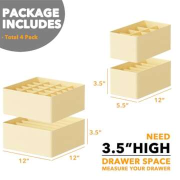 SpaceAid Underwear Drawer Organizer, 4 Pack Dresser Organizer Bins for Nursery, Closet Organization and Storage with Dividers for Baby Clothes Socks Bra Ties Scarf (Beige)