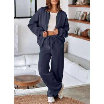 Aleumdr Women's 2 Piece Outfits Oversized Fleece Sweatsuit Zip Up Long Sleeve Sweatshirt with Wide Leg Sweatpants Navy Blue Medium