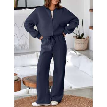 Aleumdr Women's 2 Piece Outfits Oversized Fleece Sweatsuit Zip Up Long Sleeve Sweatshirt with Wide Leg Sweatpants Navy Blue Medium