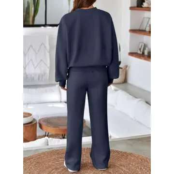 Aleumdr Women's 2 Piece Outfits Oversized Fleece Sweatsuit Zip Up Long Sleeve Sweatshirt with Wide Leg Sweatpants Navy Blue Medium