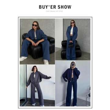 Aleumdr Women's 2 Piece Outfits Oversized Fleece Sweatsuit Zip Up Long Sleeve Sweatshirt with Wide Leg Sweatpants Navy Blue Medium