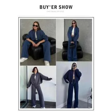 Aleumdr Women's 2 Piece Outfits Oversized Fleece Sweatsuit Zip Up Long Sleeve Sweatshirt with Wide Leg Sweatpants Navy Blue Medium