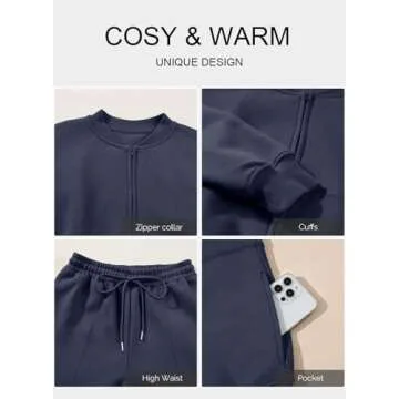 Aleumdr Women's 2 Piece Outfits Oversized Fleece Sweatsuit Zip Up Long Sleeve Sweatshirt with Wide Leg Sweatpants Navy Blue Medium