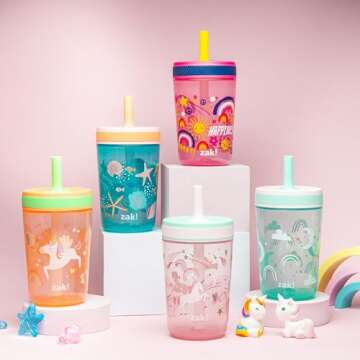 Zak Designs Kelso Toddler Cups For Travel or At Home, 15oz 2-Pack Durable Plastic Sippy Cups With Leak-Proof Design is Perfect For Kids (Fanciful Unicorn, Happy Skies)