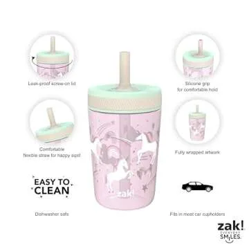 Zak Designs Kelso Toddler Cups For Travel or At Home, 15oz 2-Pack Durable Plastic Sippy Cups With Leak-Proof Design is Perfect For Kids (Fanciful Unicorn, Happy Skies)