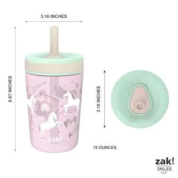 Zak Designs Kelso Toddler Cups For Travel or At Home, 15oz 2-Pack Durable Plastic Sippy Cups With Leak-Proof Design is Perfect For Kids (Fanciful Unicorn, Happy Skies)