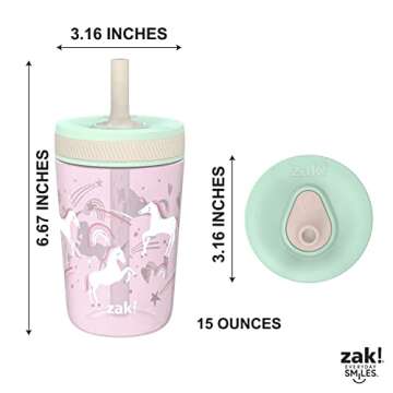 Zak Designs Kelso Toddler Cups For Travel or At Home, 15oz 2-Pack Durable Plastic Sippy Cups With Leak-Proof Design is Perfect For Kids (Fanciful Unicorn, Happy Skies)