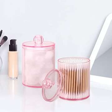 Tbestmax 2 Pack Qtip Holder Bathroom Jars Canisters for Cotton Ball Swab Pad Storage Dispenzer, Pink 10-Ounce