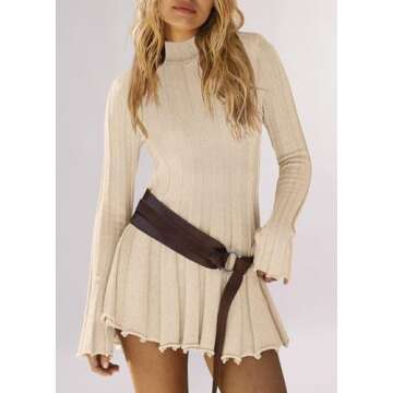 Nirovien Womens Mock Neck Sweater Dress Ribbed Knit Mini Dress Long Sleeve Pleated Tunic Dresses(Khaki,S)