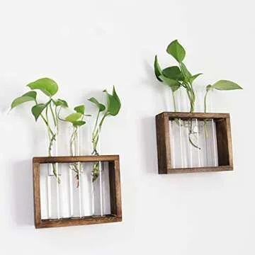 Ivolador Wall Mounted Hanging Plants Terrariumin Test Tube Flower Bud Tabletop Glass Wooden Stand with 3 Test Tube Perfect for Propagating Hydroponic Plants Home Garden Wedding Decoration-Brown