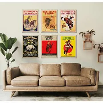 Cowboy Rodeo Publicity Vintage Decor, Cute & Unique Cafe Bar Home Decor Vintage Poster, Retro Cowboy Action Art Bar Accessories Western Signs & Posters Aesthetic Cowboy Wall Decor Set of 6 (8 x 10)
