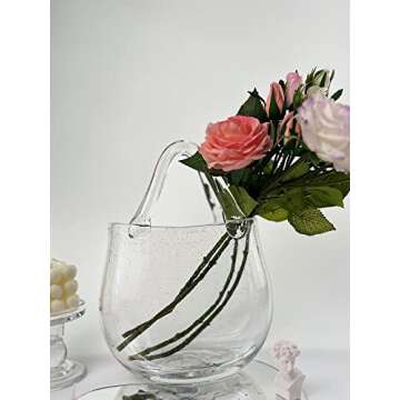 Amatesy Glass Purse Vase for Flowers,Unique Round Shaped Glass Bag Vase with Handle and Bubbles,Cent...