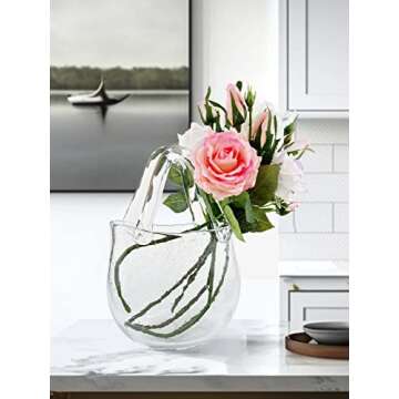 Amatesy Glass Purse Vase for Flowers,Unique Round Shaped Glass Bag Vase with Handle and Bubbles,Centerpieces Clear Hand Blown Glass Purse Vase for Kitchen, Bathroom, Living Room and Home Decor